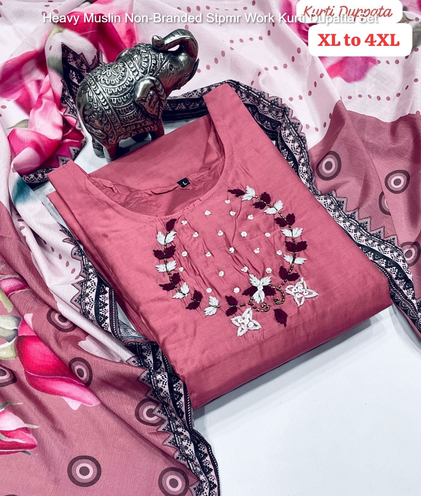 Heavy Muslin Non-Branded Stpmr Work Kurti Dupatta Set