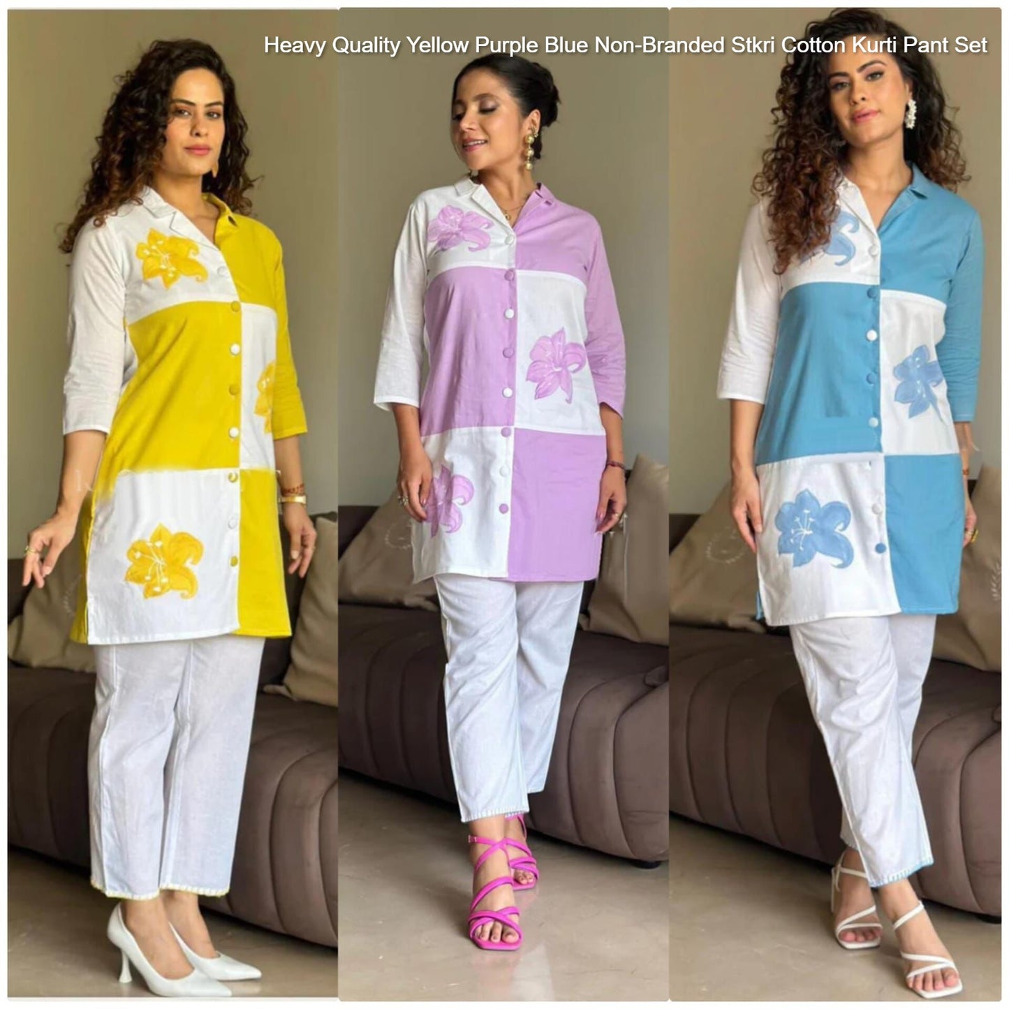 Heavy Quality Yellow Purple Blue Non-Branded Stkri Cotton Kurti Pant Set