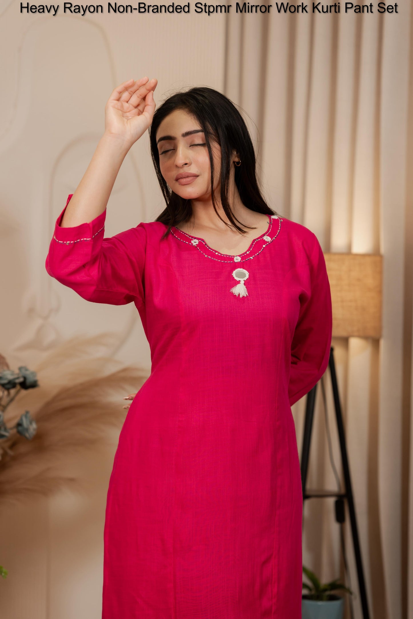 Heavy Rayon Non-Branded Stpmr Mirror Work Kurti Pant Set