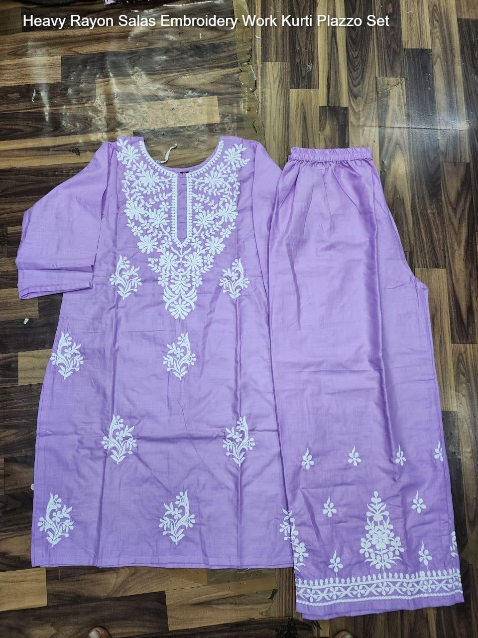 Heavy Rayon Salas Embroidery Work Kurti Plazzo Set