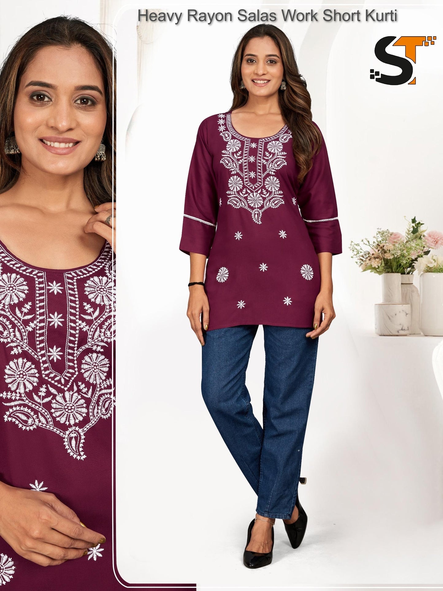 Heavy Rayon Salas Work Short Kurti