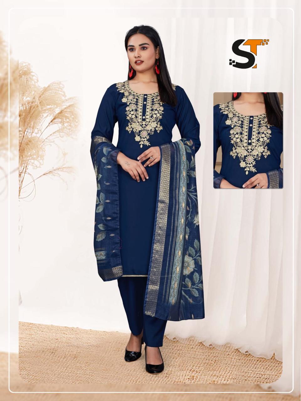 Heavy Roman Silk Salas Embroidery Readymade Suits
