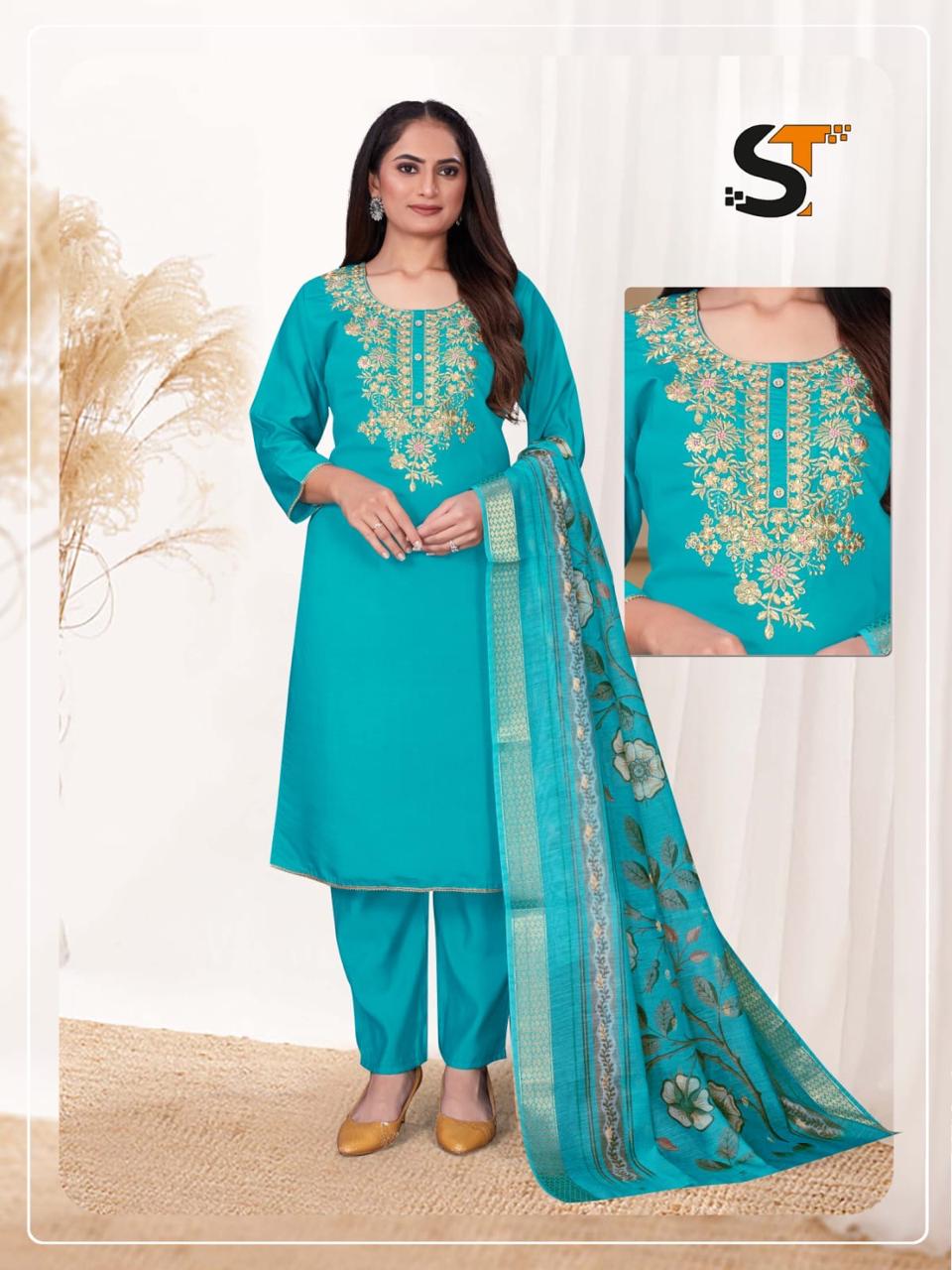 Heavy Roman Silk Salas Embroidery Readymade Suits