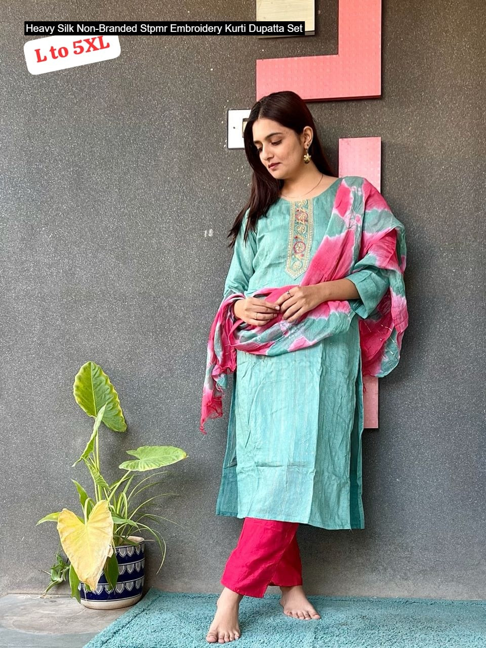 Heavy Silk Non-Branded Stpmr Embroidery Kurti Dupatta Set