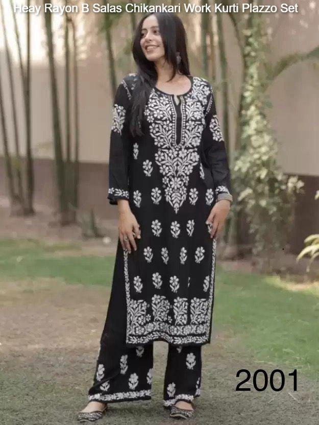 Heay Rayon B Salas Chikankari Work Kurti Plazzo Set