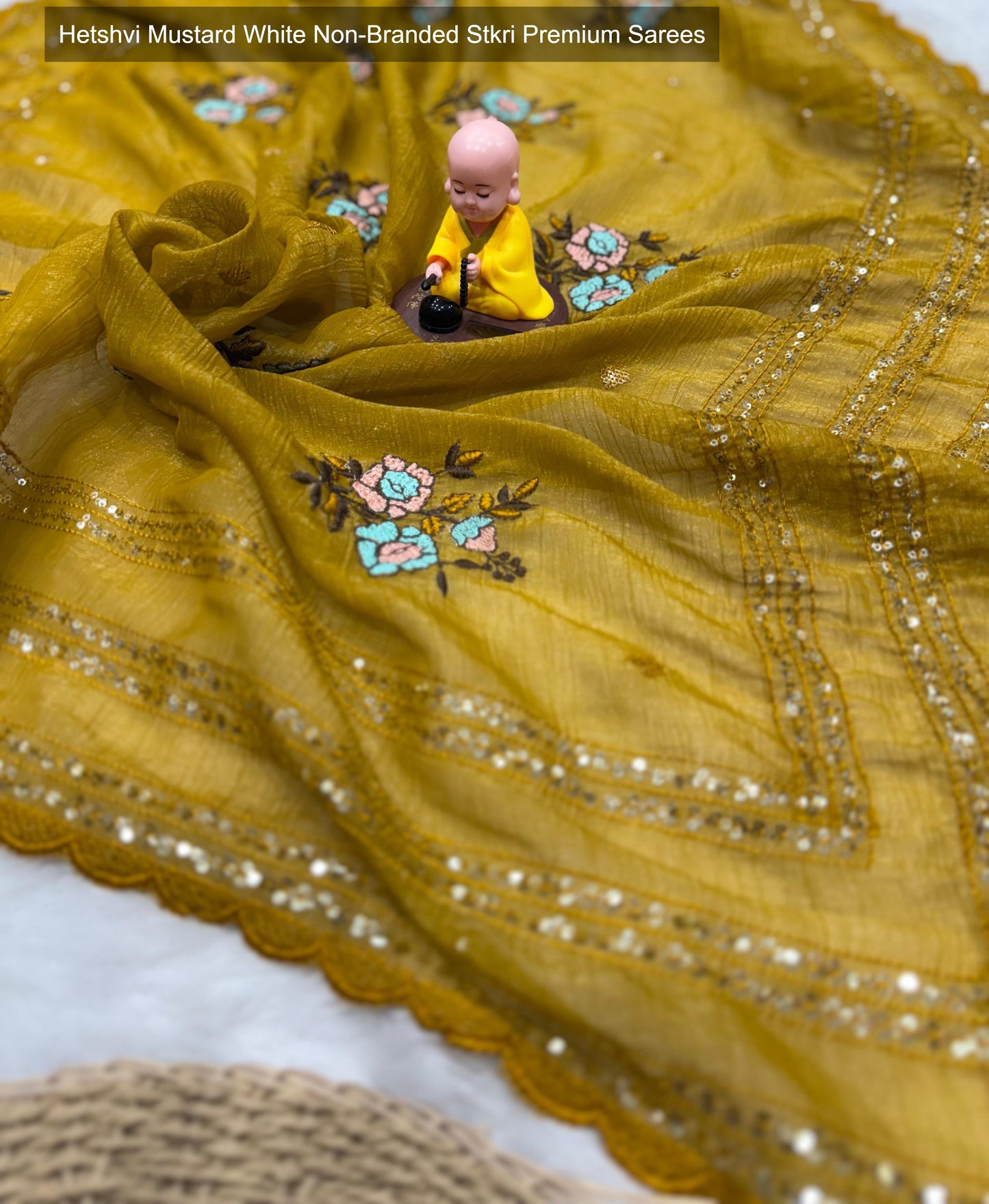 Hetshvi Mustard White Non-Branded Stkri Premium Sarees