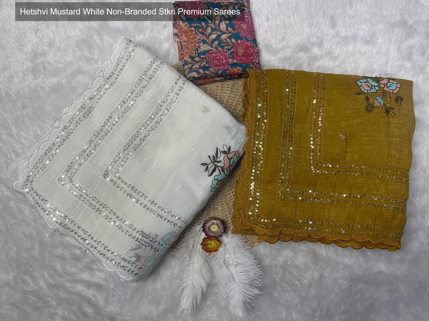 Hetshvi Mustard White Non-Branded Stkri Premium Sarees