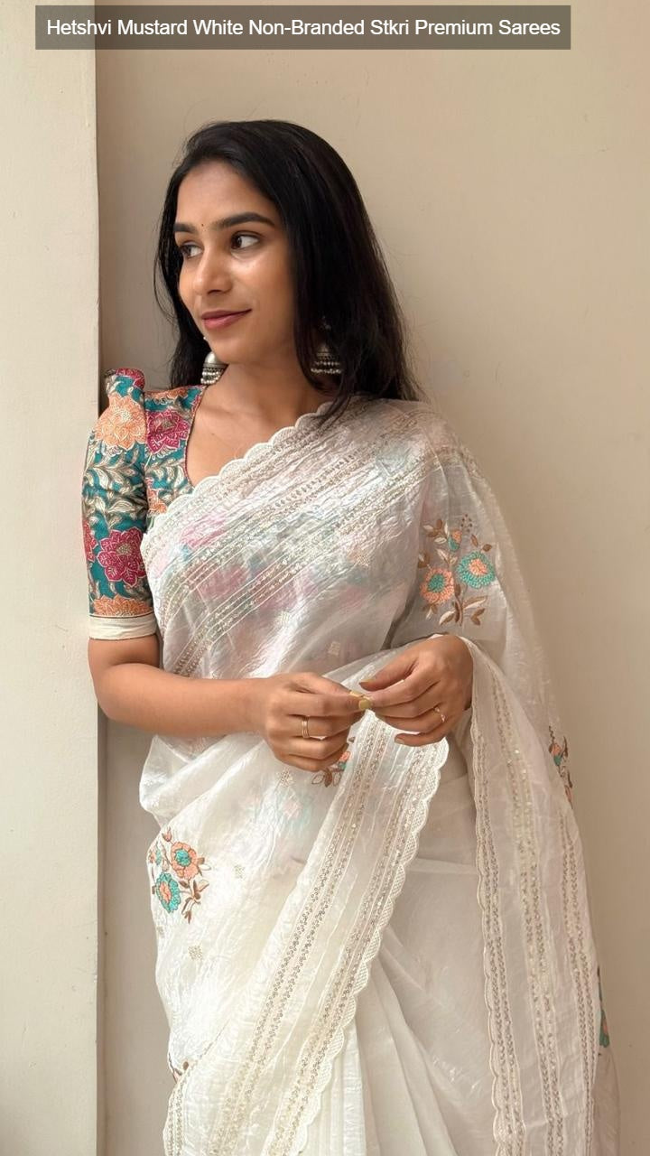 Hetshvi Mustard White Non-Branded Stkri Premium Sarees
