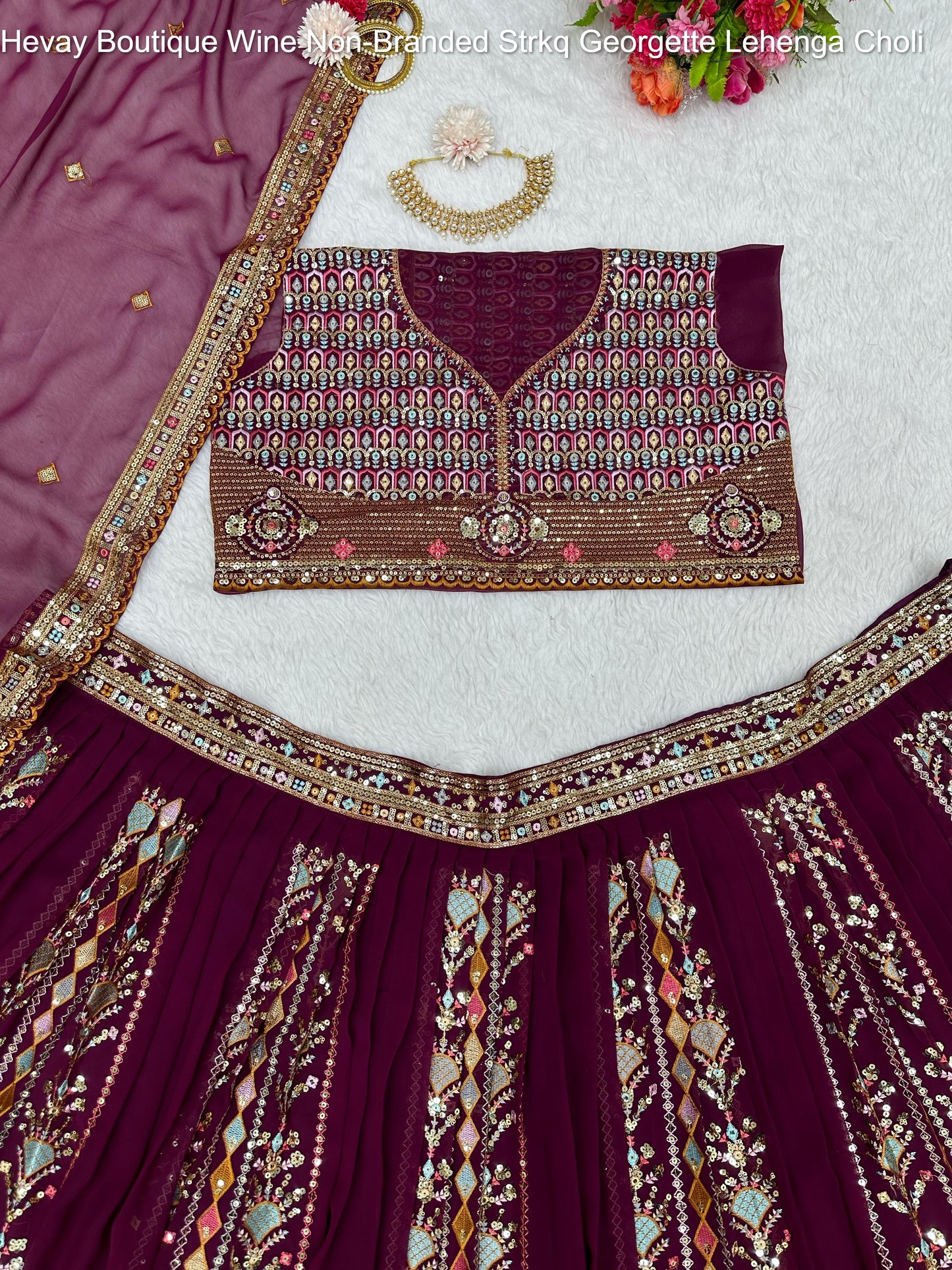 Hevay Boutique Wine Non-Branded Strkq Georgette Lehenga Choli