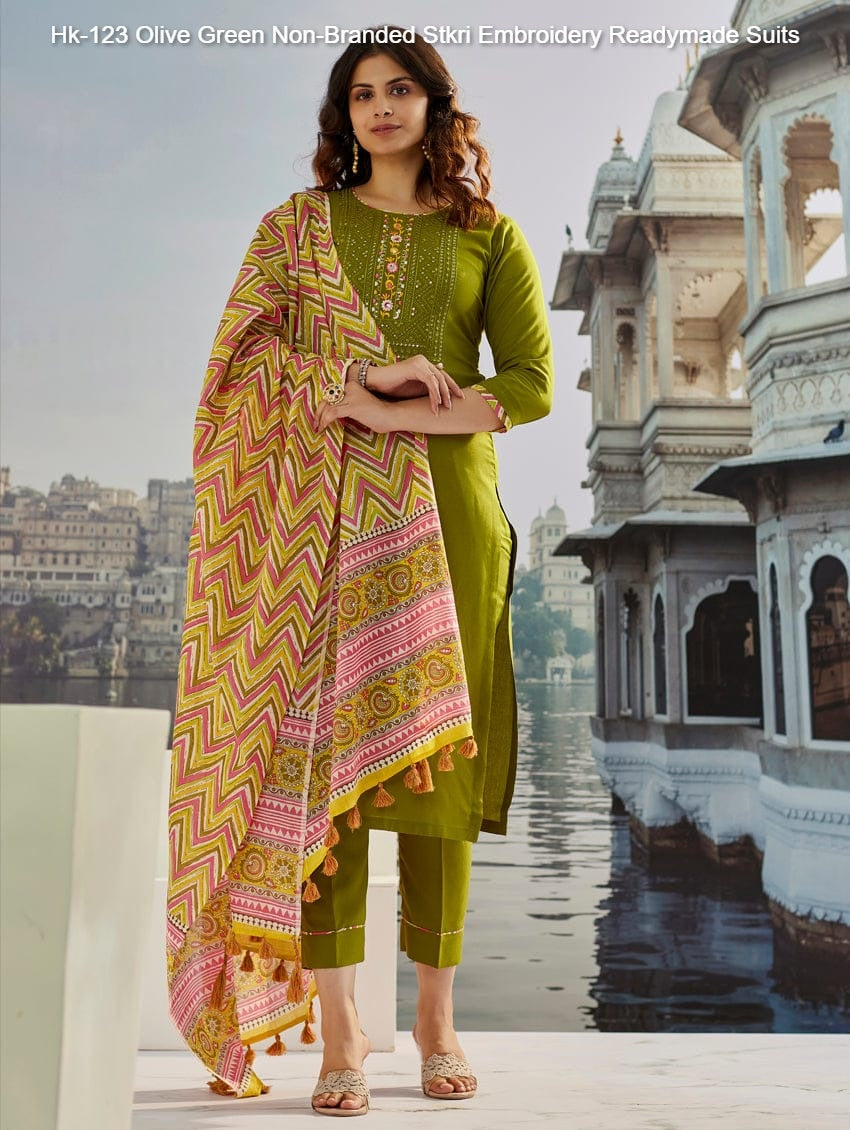 Hk-123 Olive Green Non-Branded Stkri Embroidery Readymade Suits