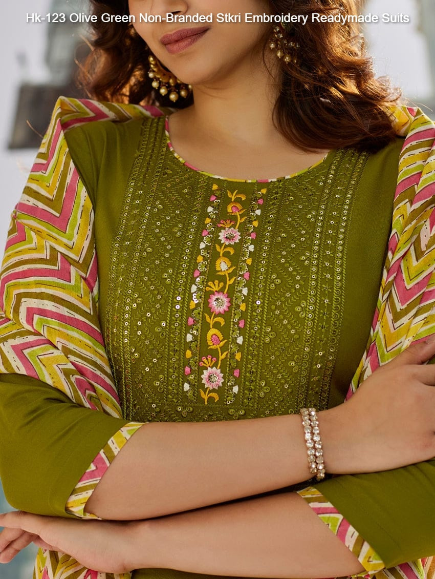 Hk-123 Olive Green Non-Branded Stkri Embroidery Readymade Suits