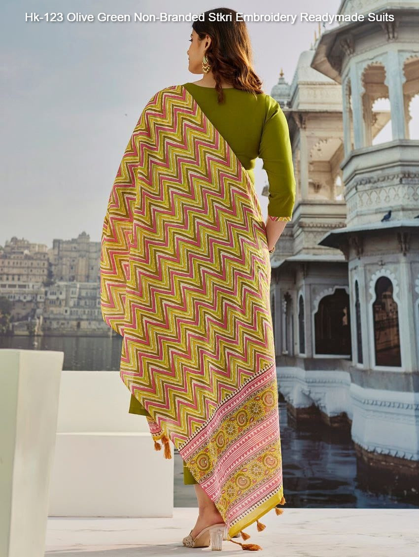 Hk-123 Olive Green Non-Branded Stkri Embroidery Readymade Suits