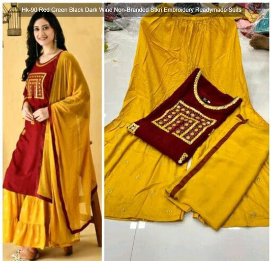 Hk-90 Red Green Black Dark Wine Non-Branded Stkri Embroidery Readymade Suits