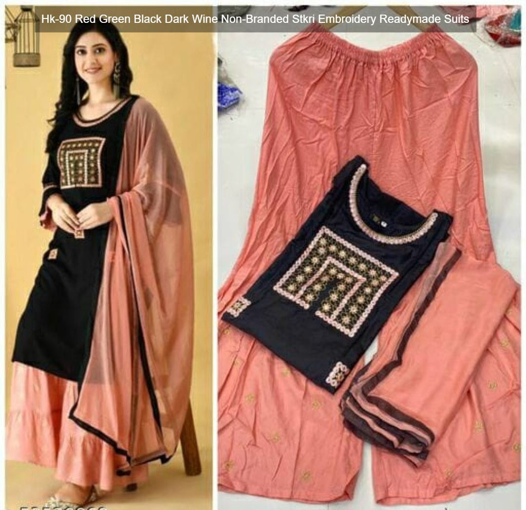 Hk-90 Red Green Black Dark Wine Non-Branded Stkri Embroidery Readymade Suits