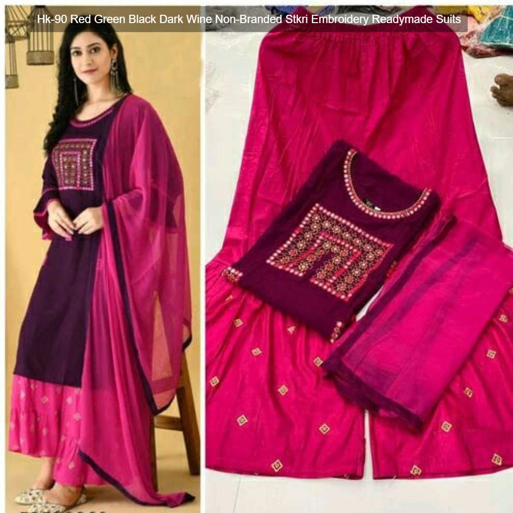 Hk-90 Red Green Black Dark Wine Non-Branded Stkri Embroidery Readymade Suits