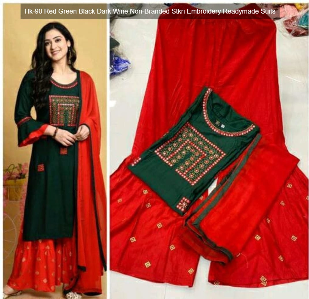 Hk-90 Red Green Black Dark Wine Non-Branded Stkri Embroidery Readymade Suits