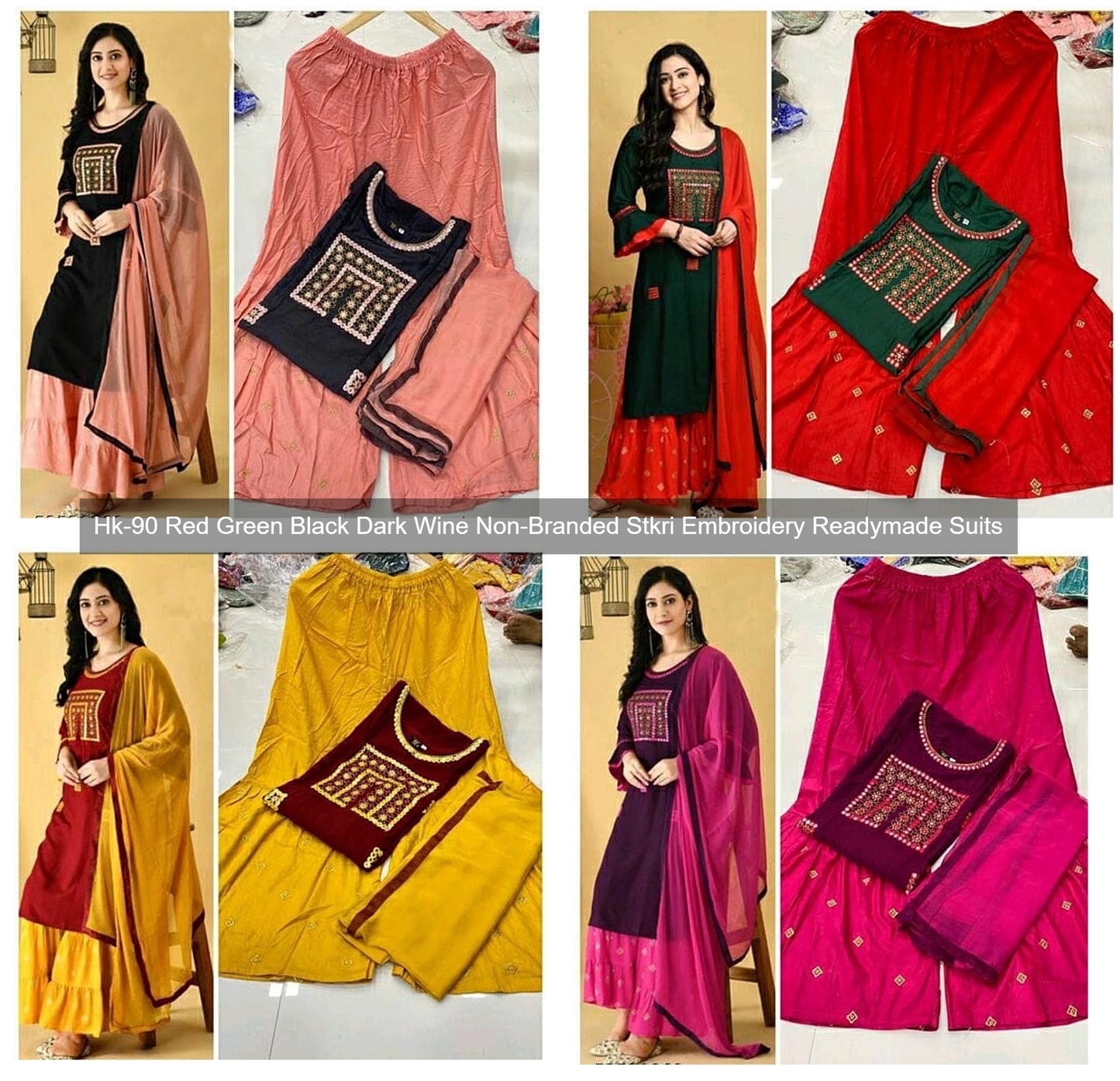 Hk-90 Red Green Black Dark Wine Non-Branded Stkri Embroidery Readymade Suits