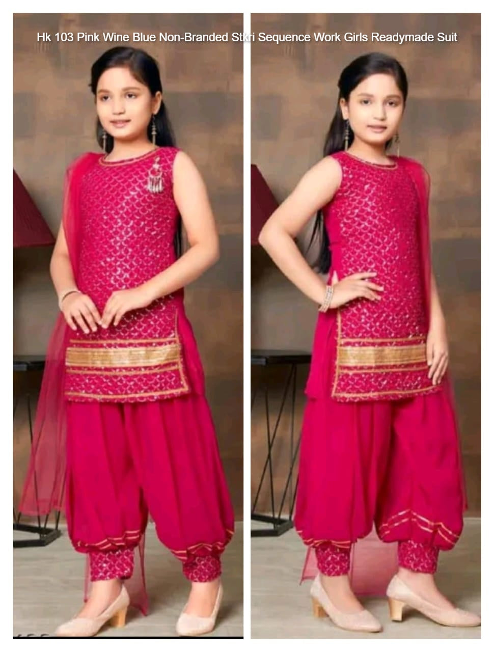 Hk 103 Pink Wine Blue Non-Branded Stkri Sequence Work Girls Readymade Suit