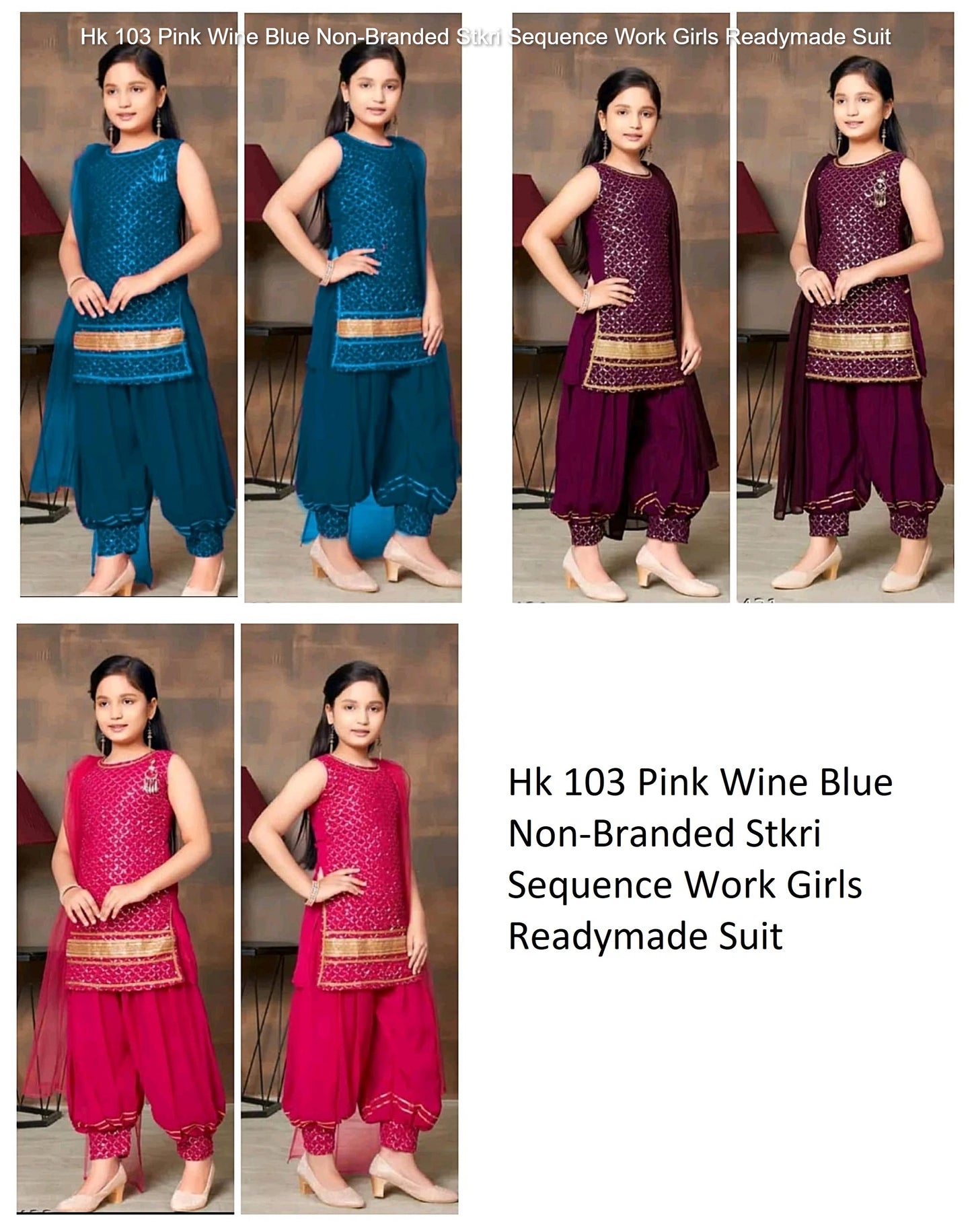 Hk 103 Pink Wine Blue Non-Branded Stkri Sequence Work Girls Readymade Suit