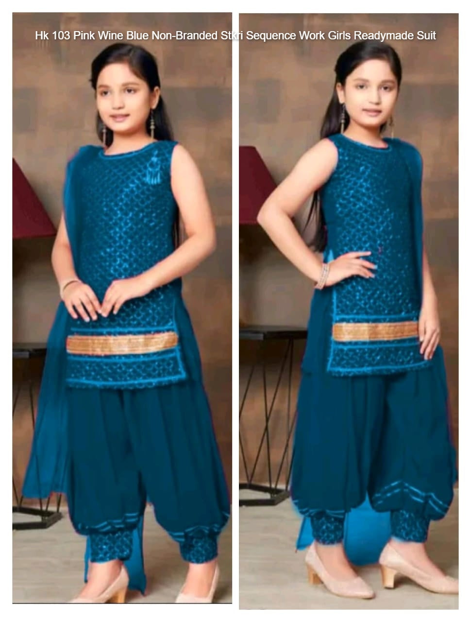 Hk 103 Pink Wine Blue Non-Branded Stkri Sequence Work Girls Readymade Suit