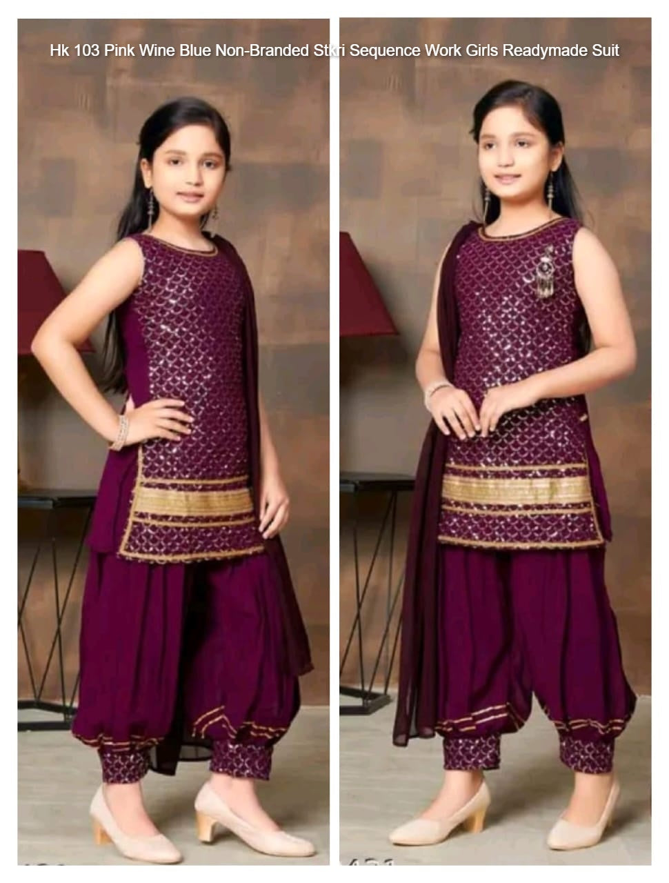 Hk 103 Pink Wine Blue Non-Branded Stkri Sequence Work Girls Readymade Suit