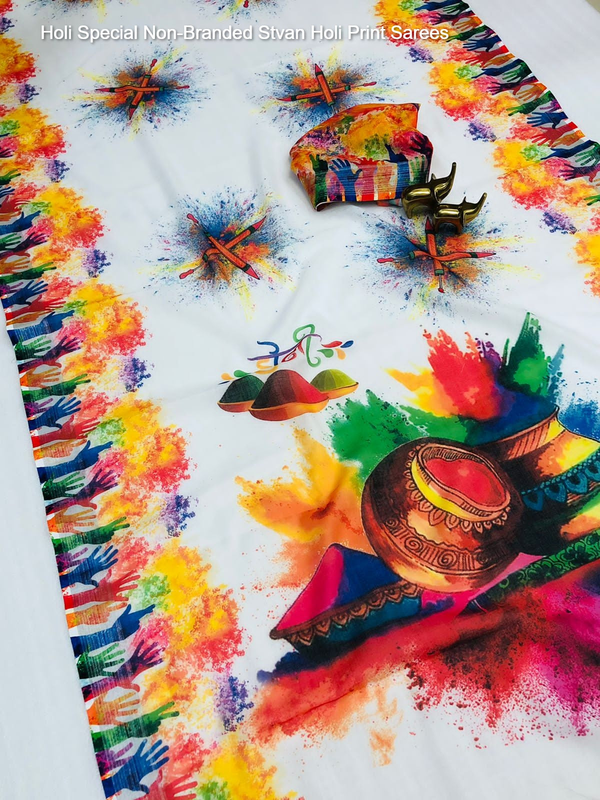 Holi Special Non-Branded Stvan Holi Print Sarees