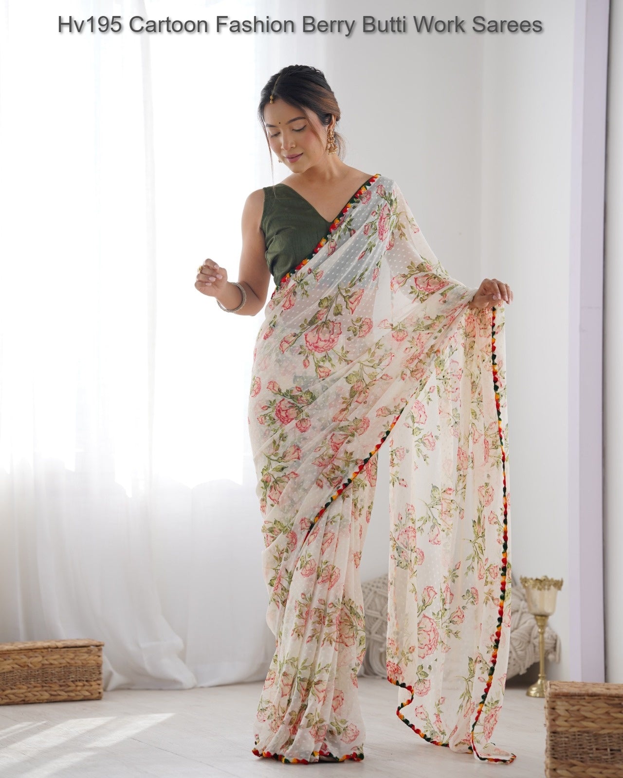 Hv195 Cartoon Fashion Berry Butti Work Sarees