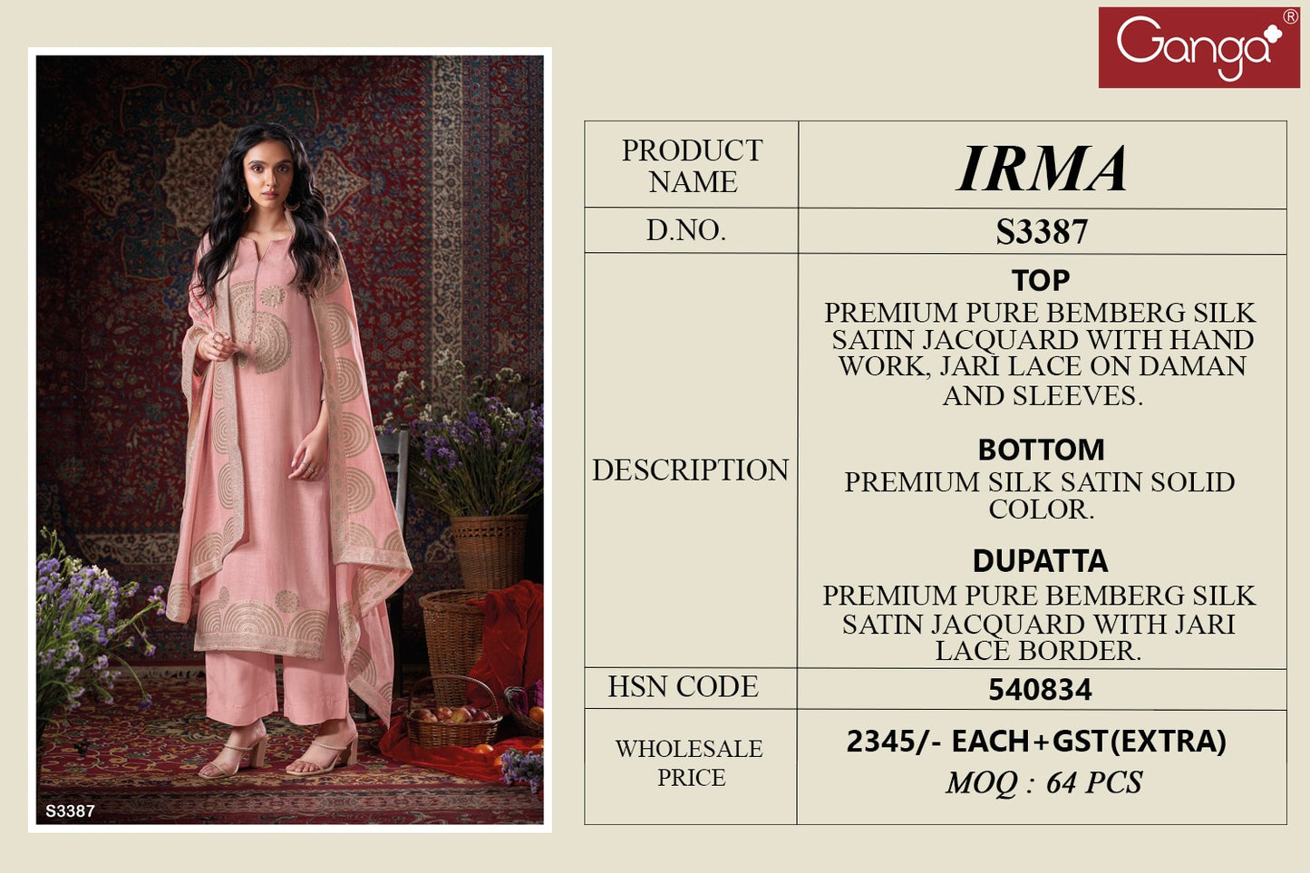 Irma 3387 Pink Ganga Satin Unstitched Suits
