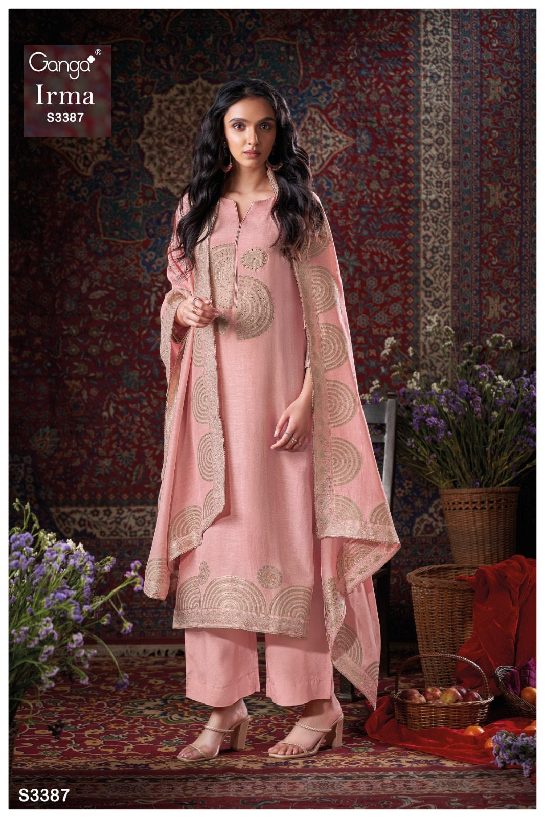 Irma 3387 Pink Ganga Satin Unstitched Suits