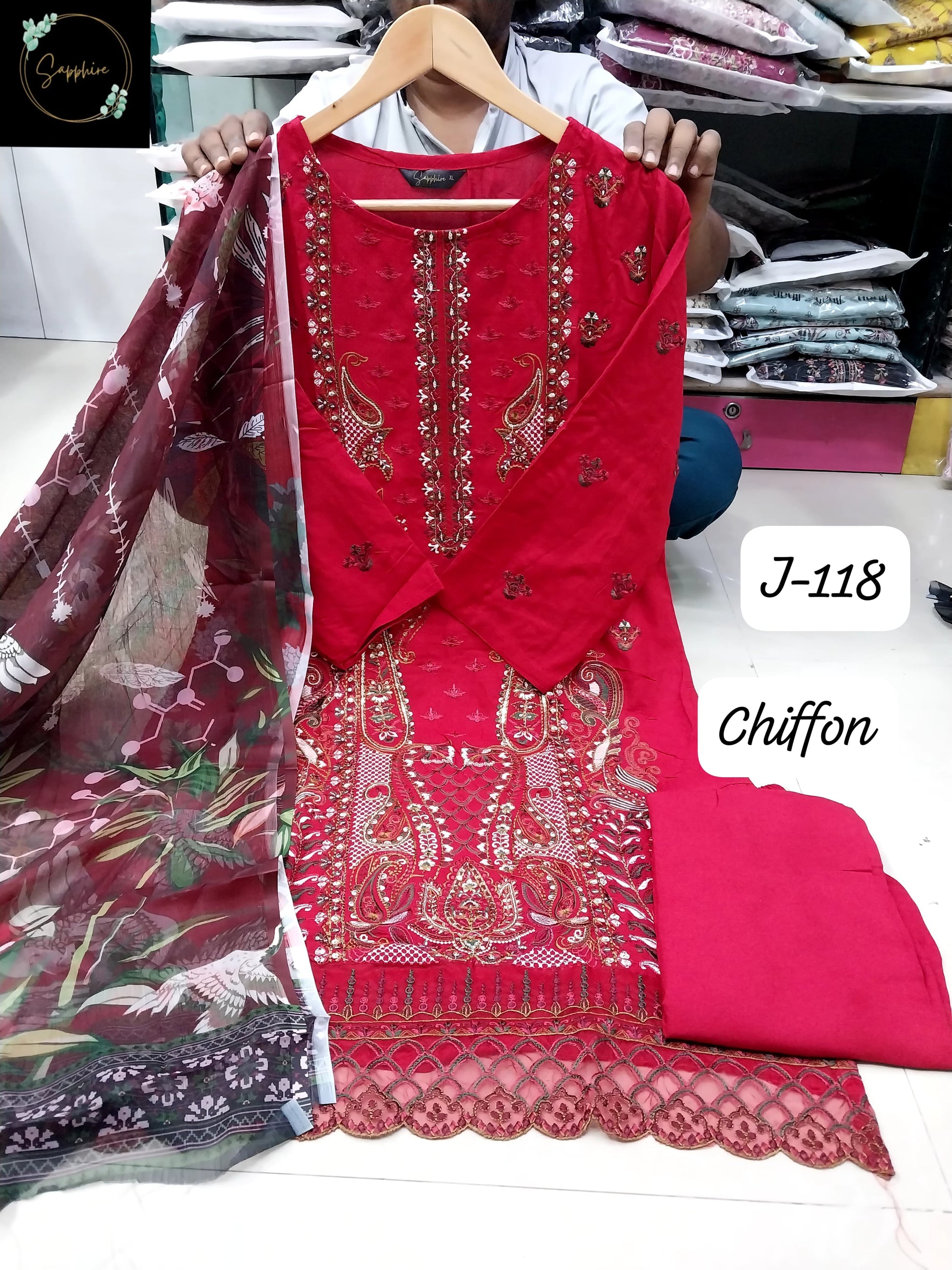 J-118 Red Sapphire Patches Pakistani Readymade Suits