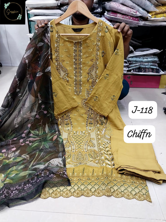 J-118 Yellow Sapphire Patches Pakistani Readymade Suits