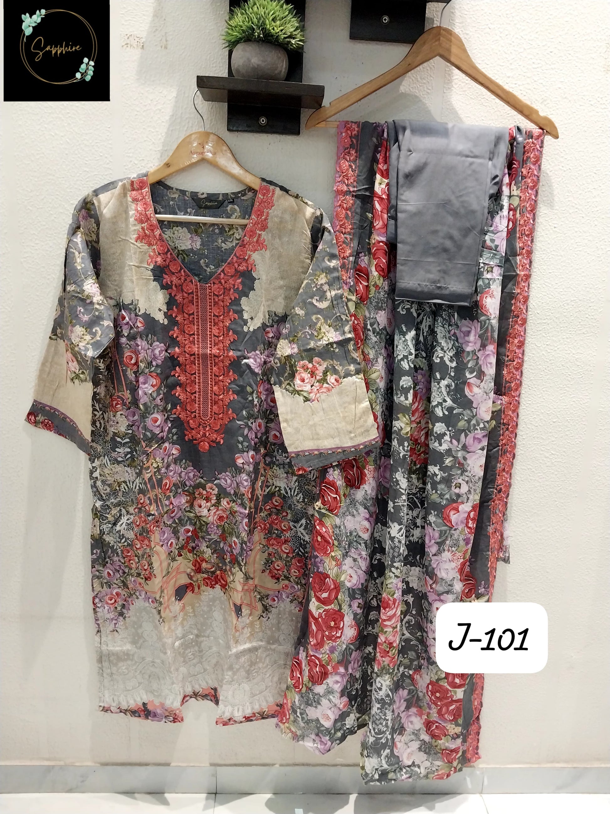 Jazmin Vol 101 Grey Sapphire Lawn Cotton Pakistani Readymade Suits