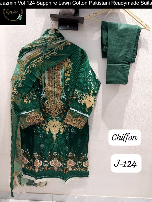 Jazmin Vol 124 Green Sapphire Lawn Cotton Pakistani Readymade Suits