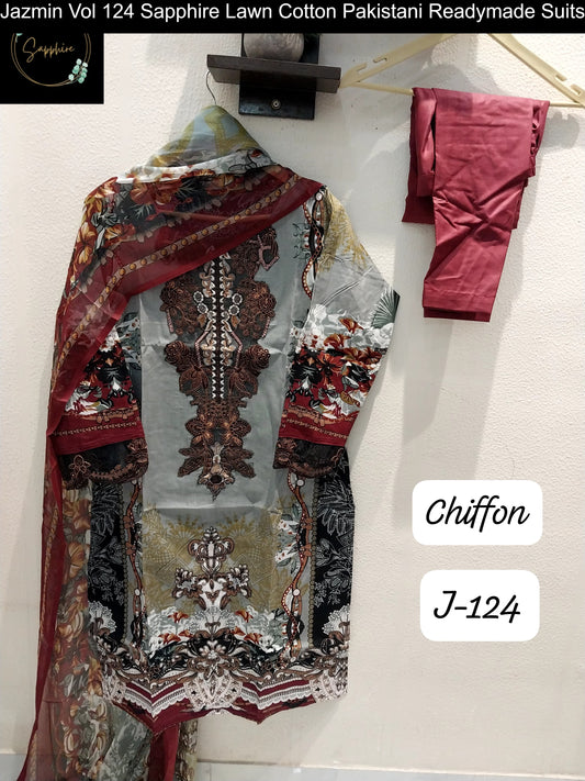 Jazmin Vol 124 Maroon Sapphire Lawn Cotton Pakistani Readymade Suits