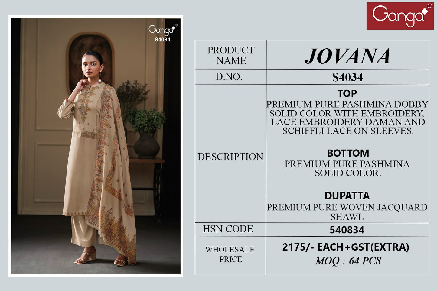 Jovana 4034 Ganga Premiumi Unstitched Suits