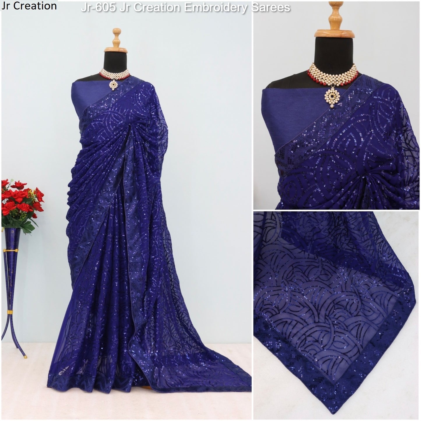 Jr-605 Blue Jr Creation Embroidery Sarees