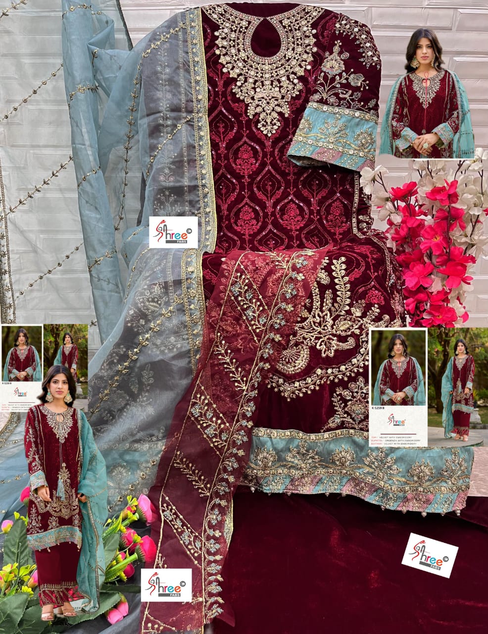 K-5259B Shree Fabs Embroidery Velvet Suits