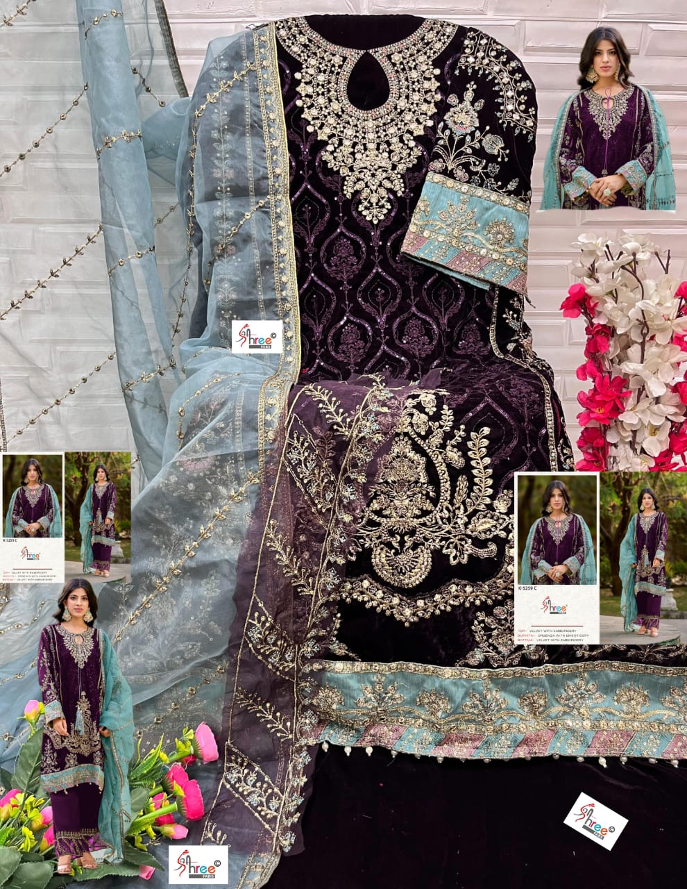 K-5259C Shree Fabs Embroidery Velvet Suits