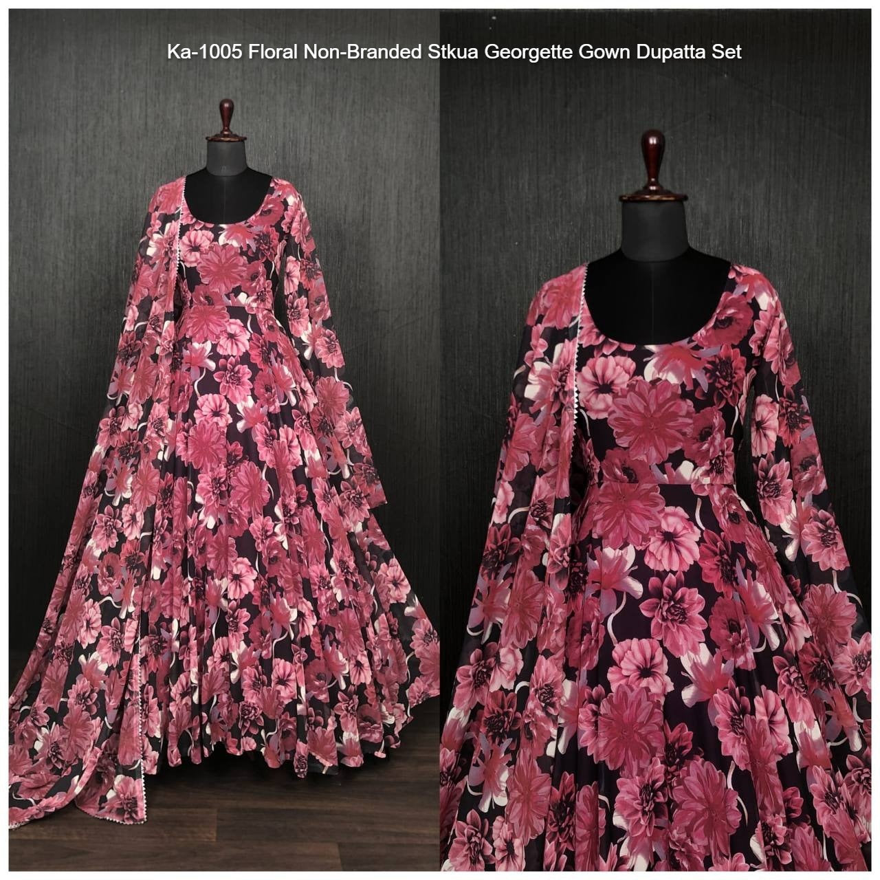 Ka-1005 Floral Non-Branded Stkua Georgette Gown Dupatta Set