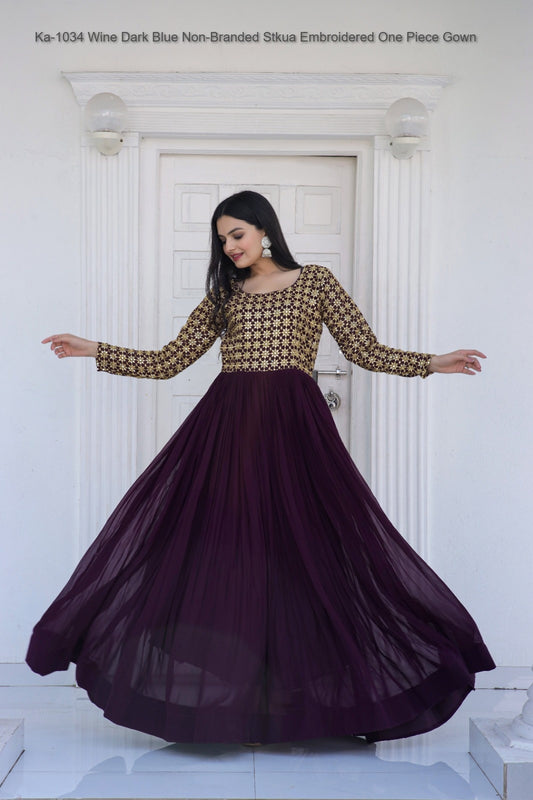 Ka-1034 Wine Dark Blue Non-Branded Stkua Embroidered One Piece Gown