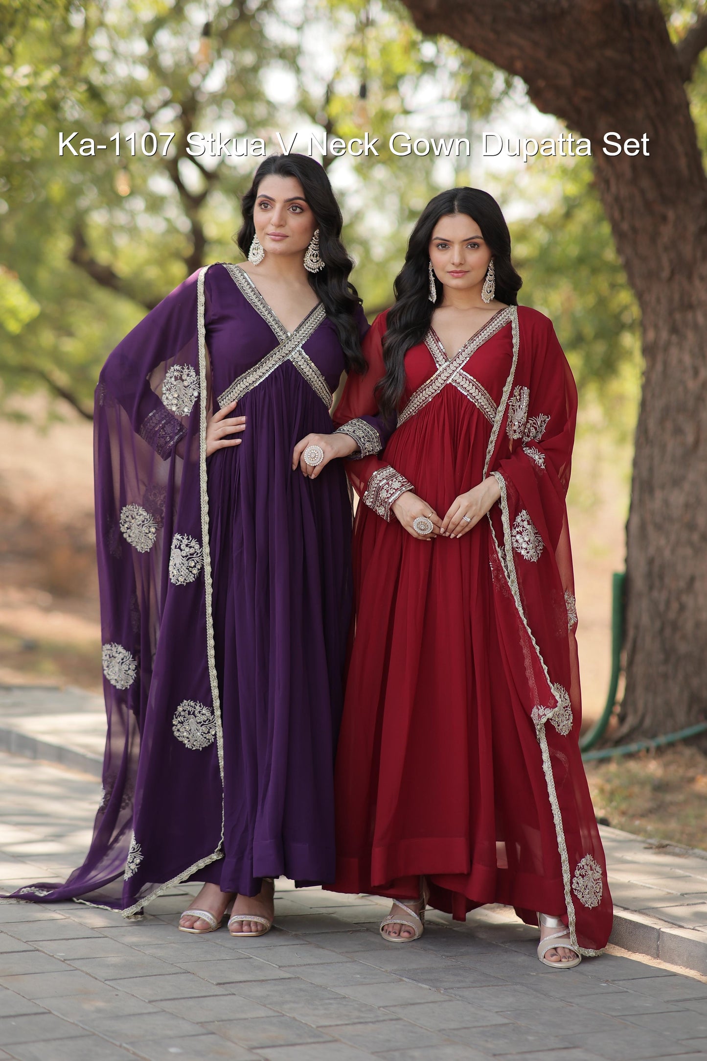 Ka-1107 Stkua V Neck Gown Dupatta Set