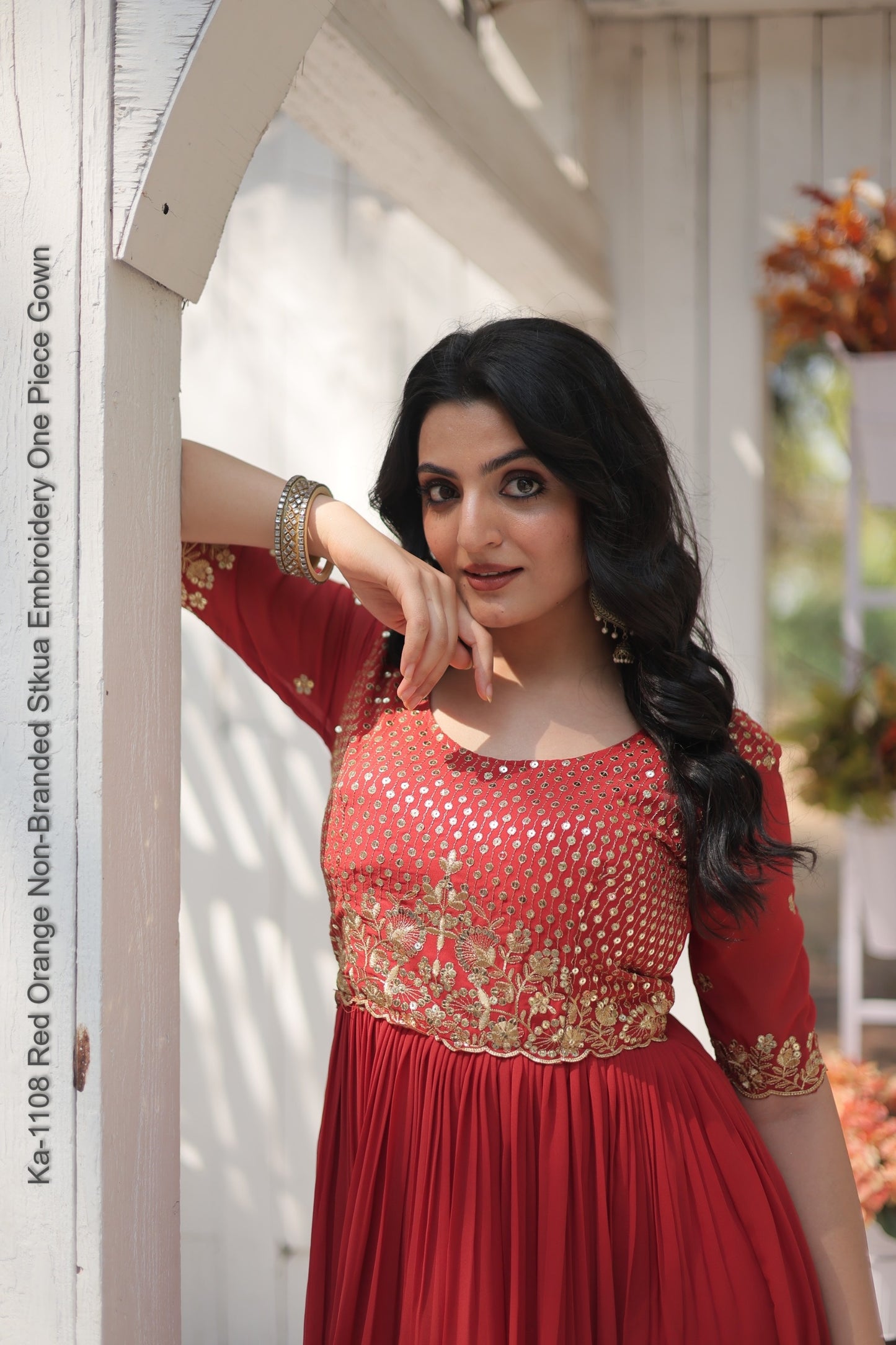 Ka-1108 Red Orange Non-Branded Stkua Embroidery One Piece Gown