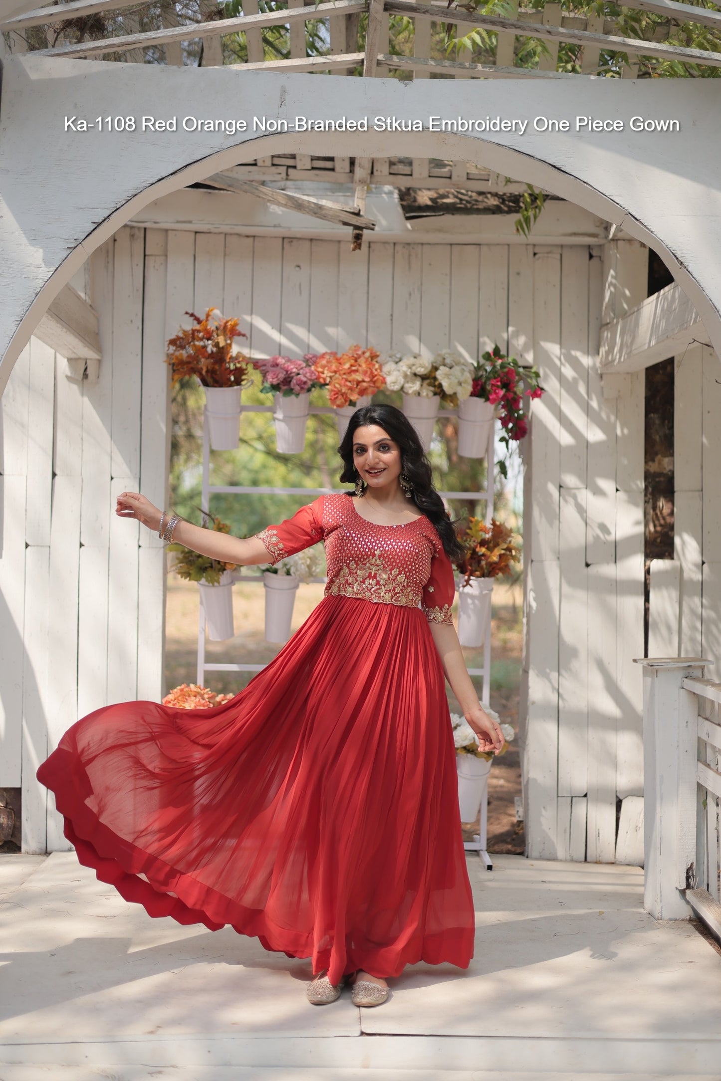 Ka-1108 Red Orange Non-Branded Stkua Embroidery One Piece Gown