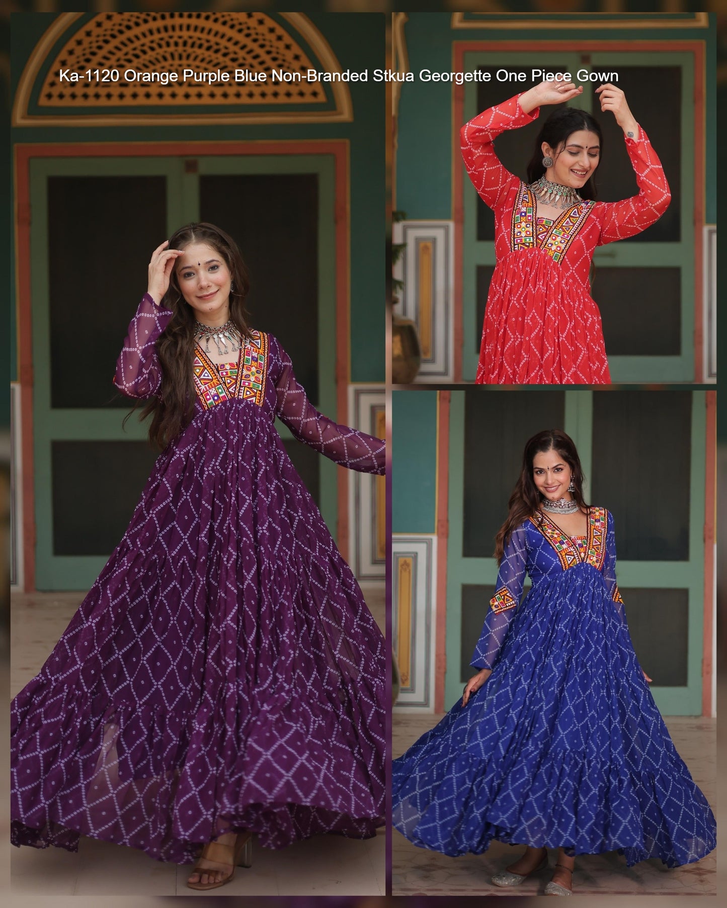 Ka-1120 Orange Purple Blue Non-Branded Stkua Georgette One Piece Gown