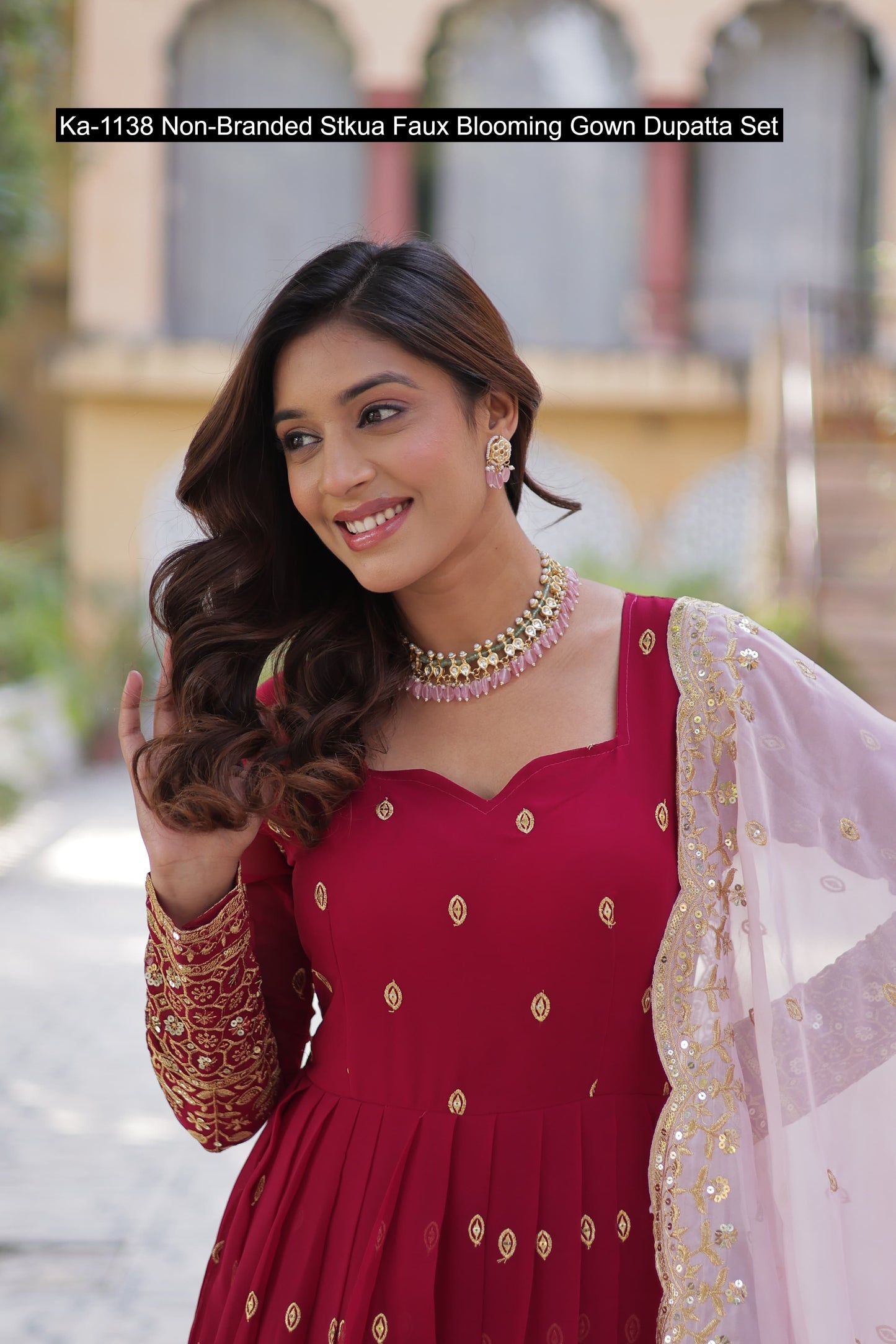 Ka-1138 Non-Branded Stkua Faux Blooming Gown Dupatta Set