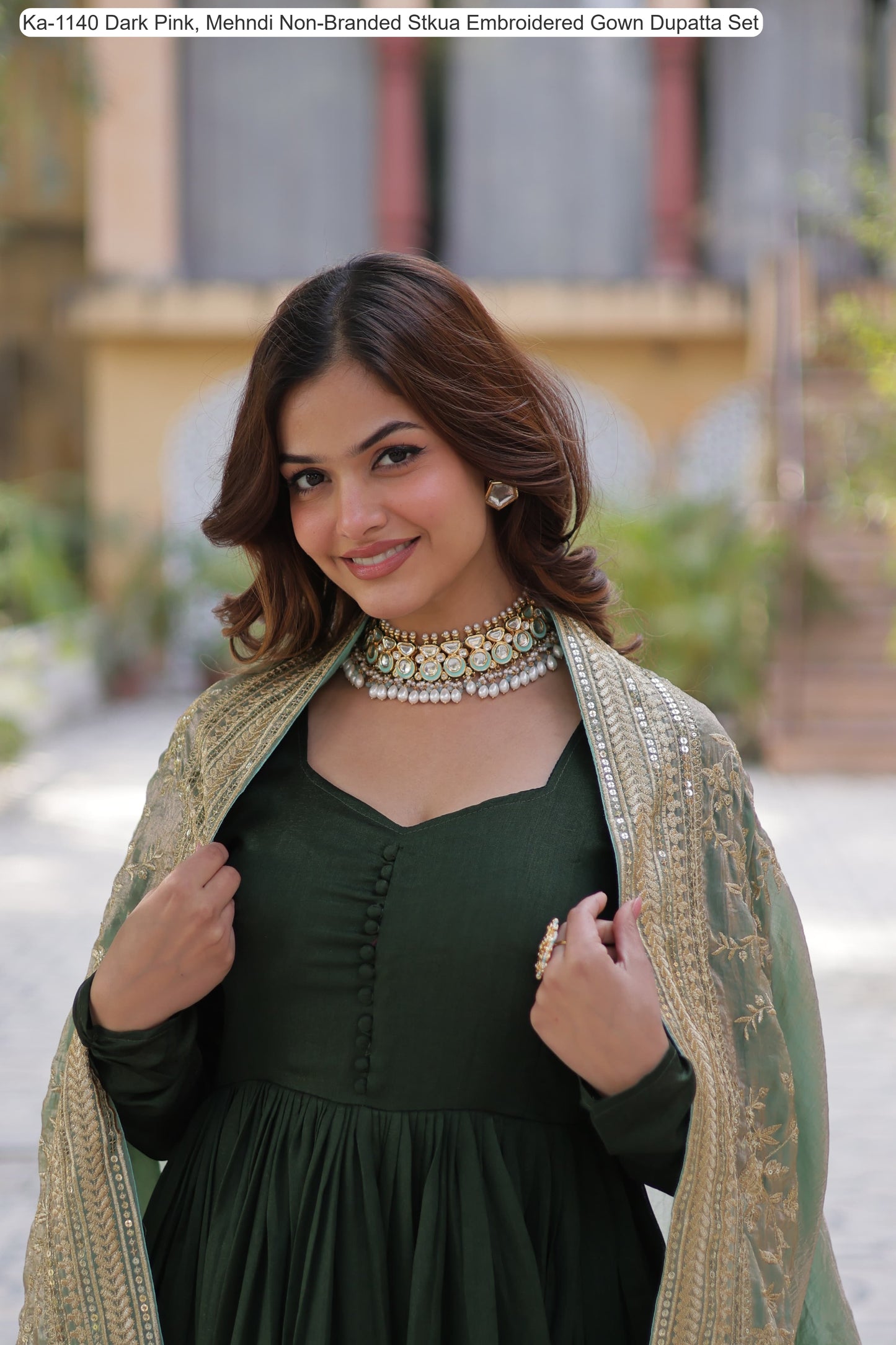 Ka-1140 Dark Pink, Mehndi Non-Branded Stkua Embroidered Gown Dupatta Set