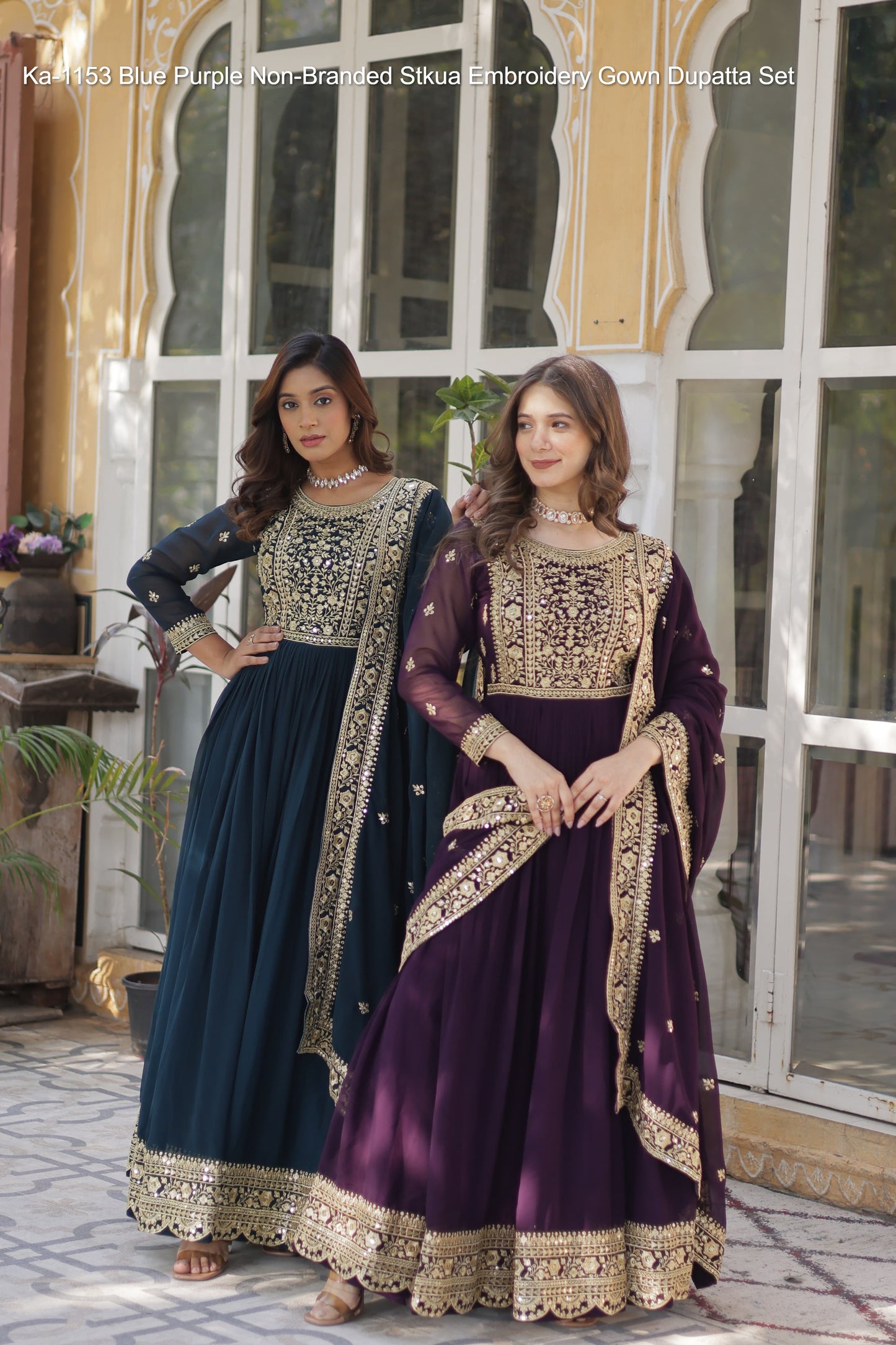 Ka-1153 Blue Purple Non-Branded Stkua Embroidery Gown Dupatta Set