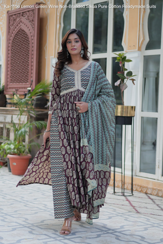 Ka-1156 Lemon Green Wine Non-Branded Stkua Pure Cotton Readymade Suits