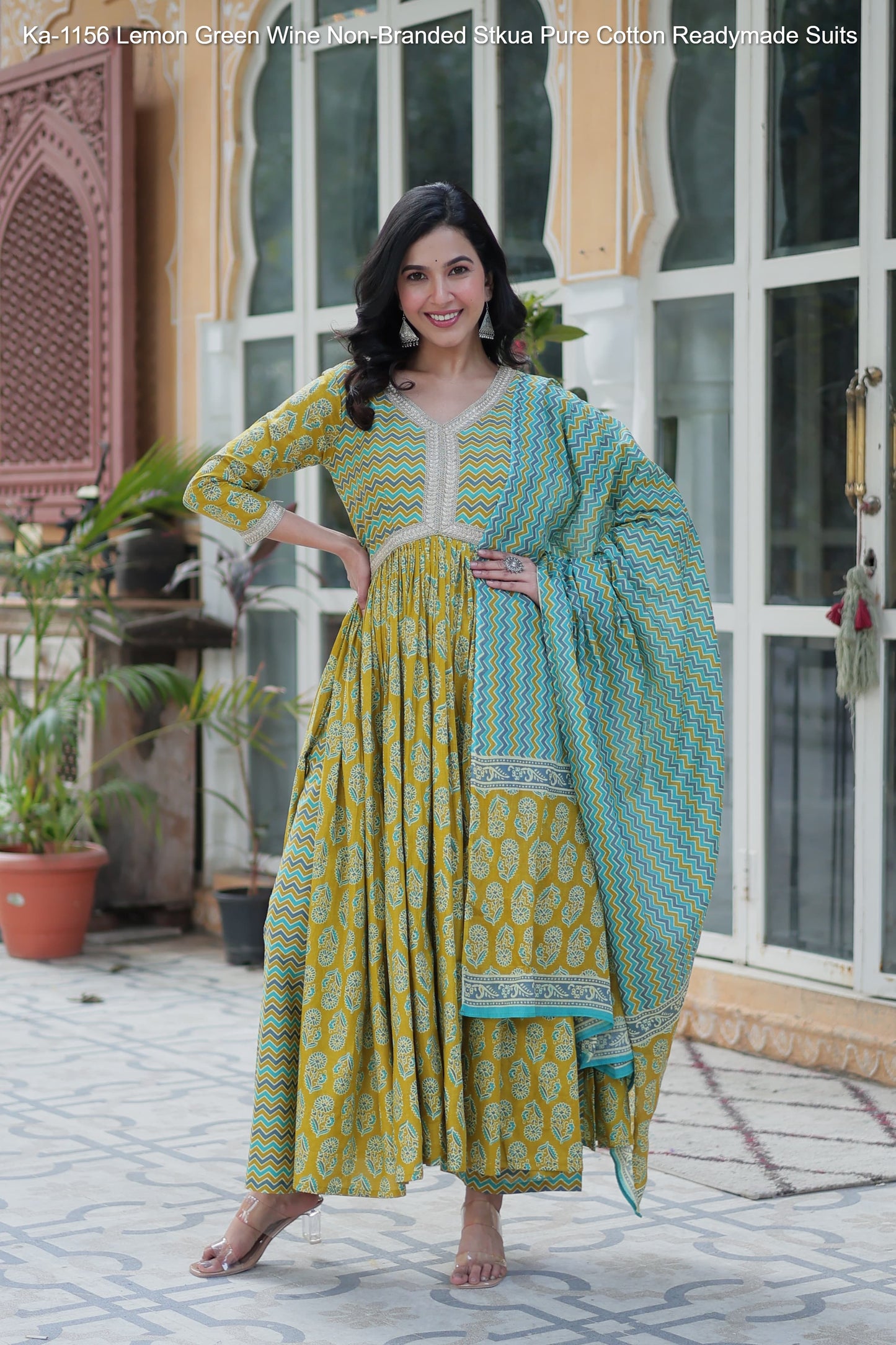 Ka-1156 Lemon Green Wine Non-Branded Stkua Pure Cotton Readymade Suits