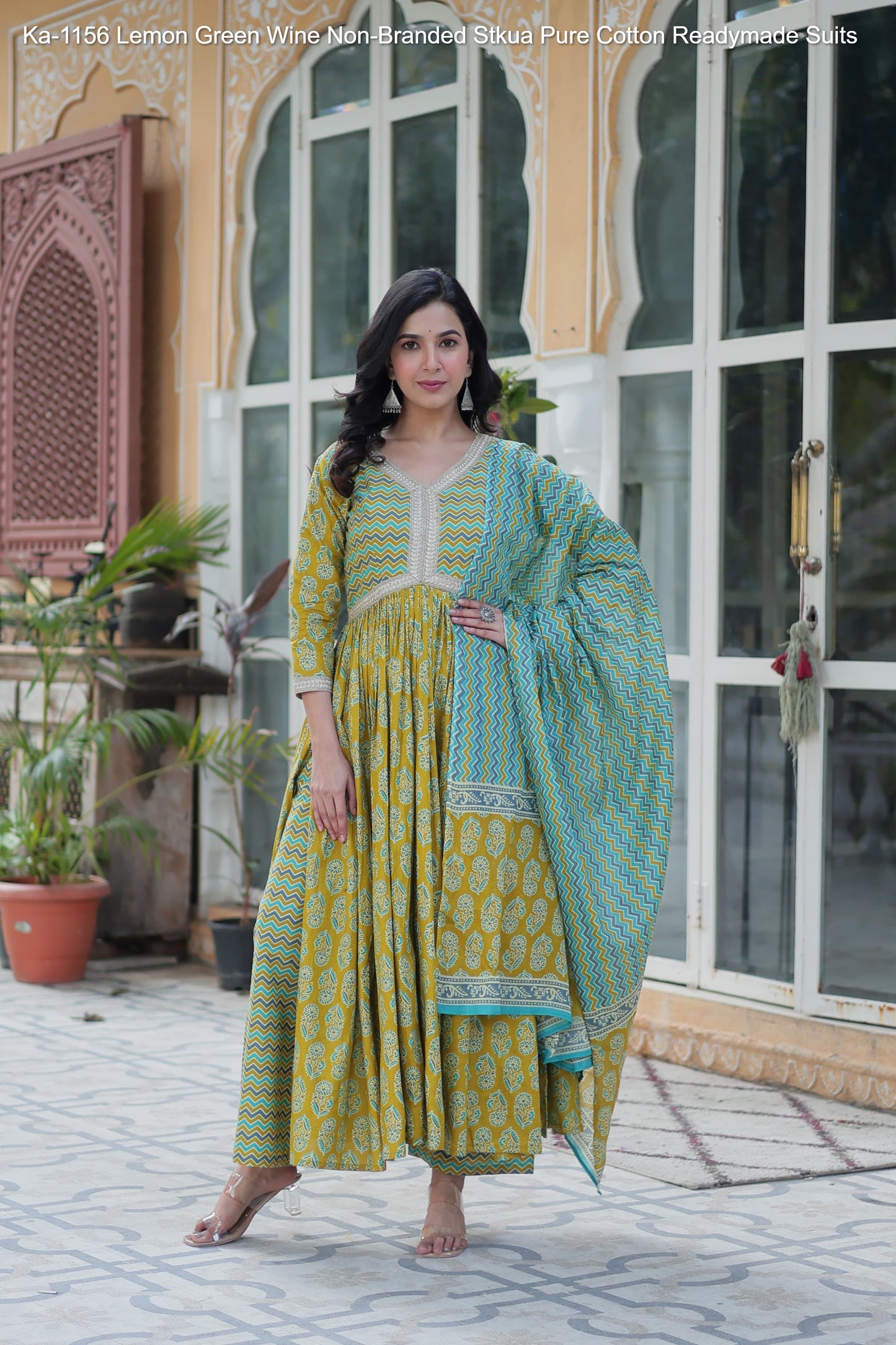 Ka-1156 Lemon Green Wine Non-Branded Stkua Pure Cotton Readymade Suits